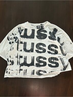 Stussy Graphic Crop Tee in White with Black Print
